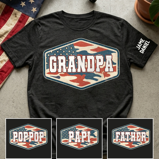 Patriotic Vintage Camouflage Papa Grandpa Dad, Custom Name Father's Day Gift T-Shirt