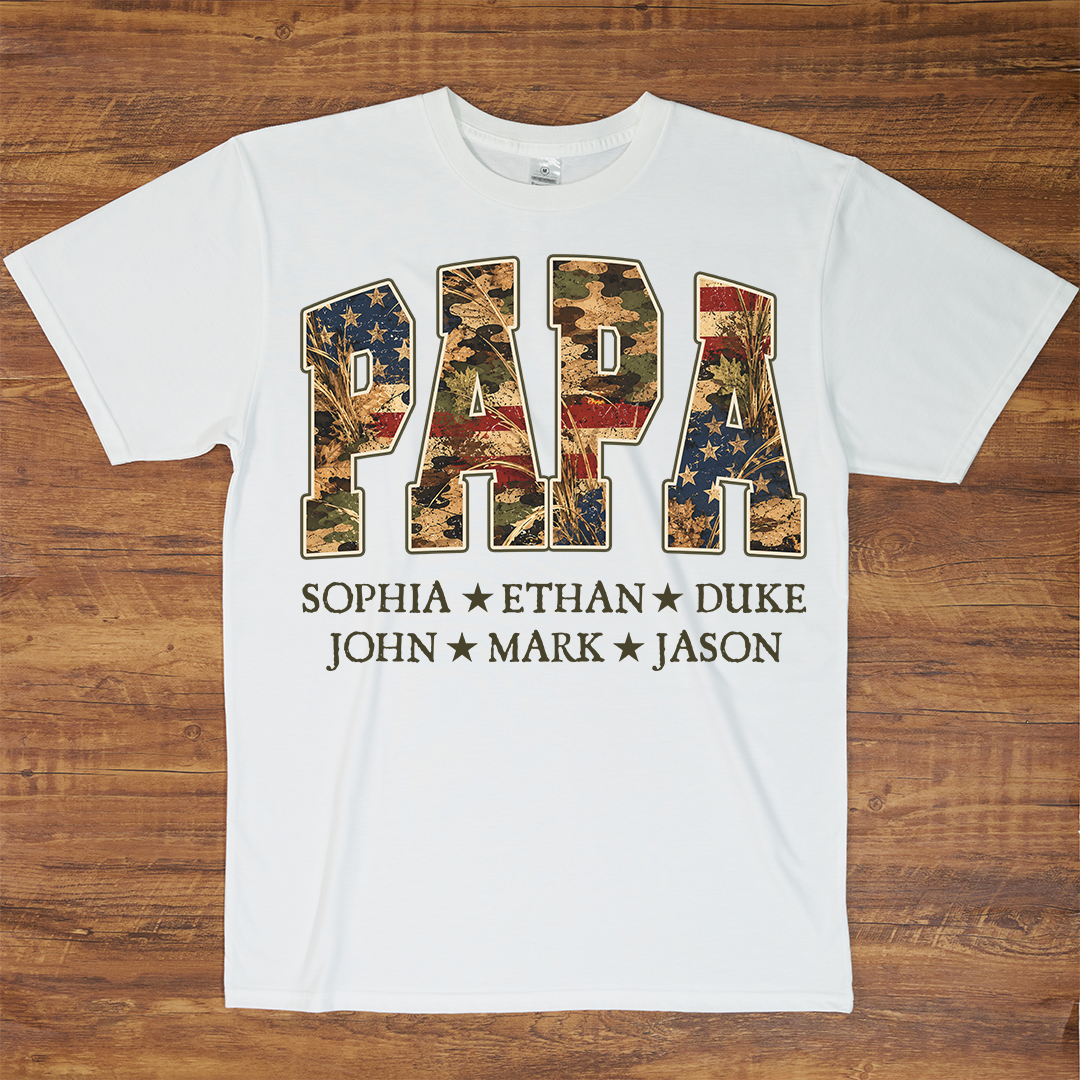 Patriotic American Flag Camo Dad Papa Pop Custom Name Father’s Day Gift T-Shirt