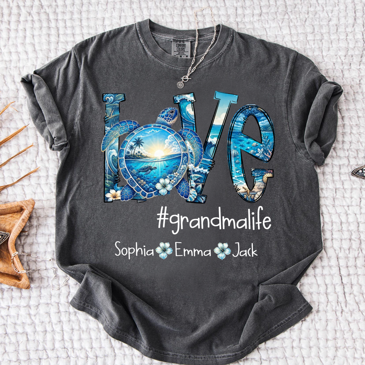Comfort Colors® Personalized Love grandmalife Sea Turtle Shirt, Custom Family Names Gift for Grandma Shirt, Gift for Mimi Nana Gigi