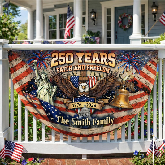 Personalized USA 250th Anniversary Bunting Flag with Family Name, America 1776-2026 Patriotic Eagle Design Banner