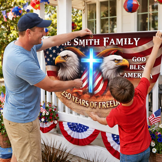 Personalized USA 250th Anniversary Bunting Flag with Family Name, Patriotic Eagle Design Banner, 4th of July
