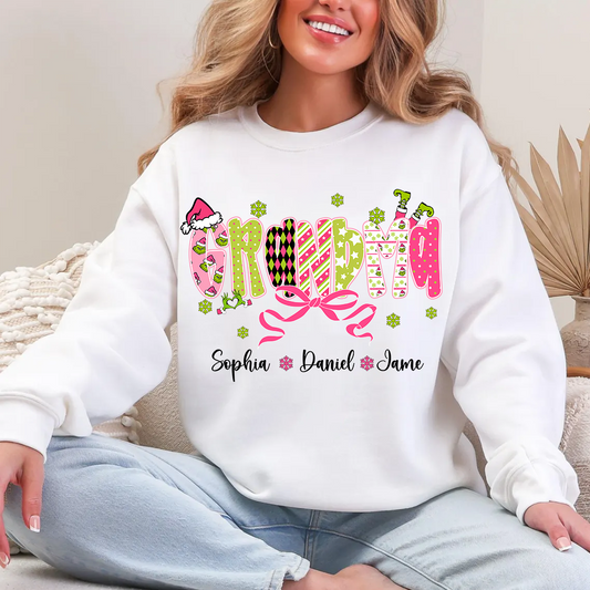 Personalized Christmas Grandma and Grankids Pink Snow Shirt