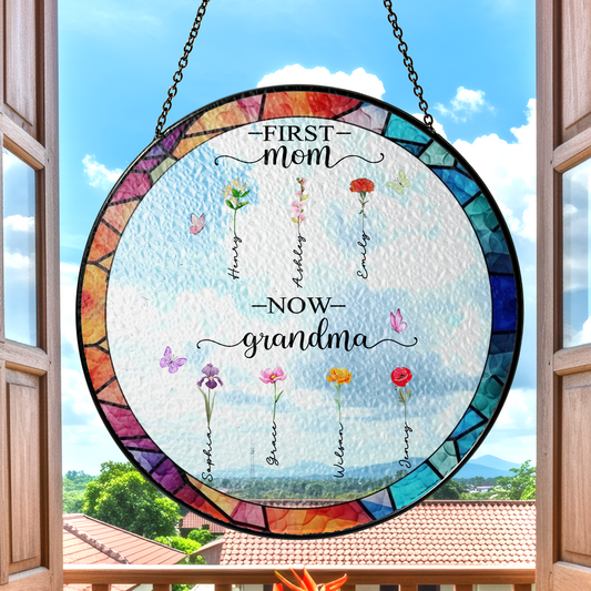 Personalized First Mom Now Grandma Stained Glass Suncatcher – Custom Names Window Hanging Gift