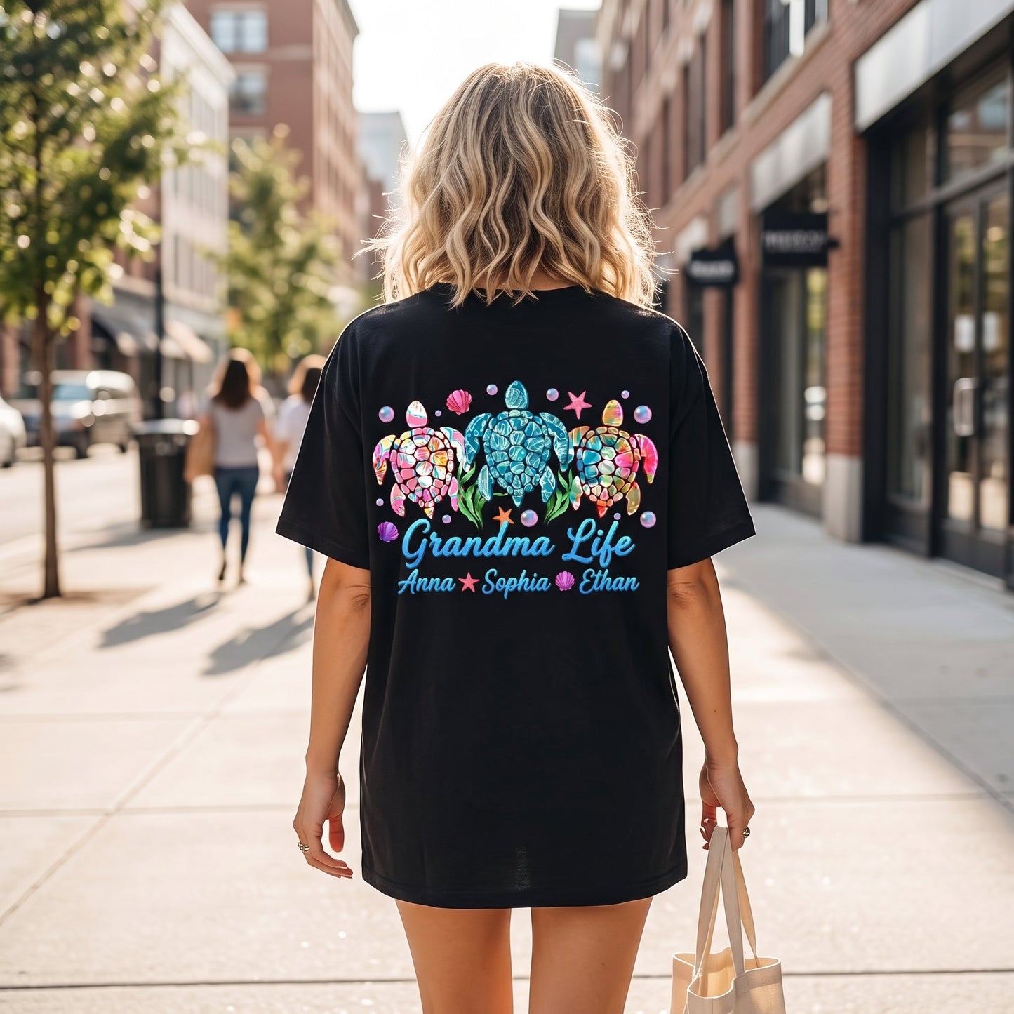 Personalized Grandma Life T-Shirt with Colorful Sea Turtle Design, Custom Names Shirt for Grandma, Summer Beach Gift for Grandkids