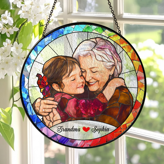 Personalized Grandma Photo Stained Glass Suncatcher – Custom Grandmother Portrait Window Hanging Gift