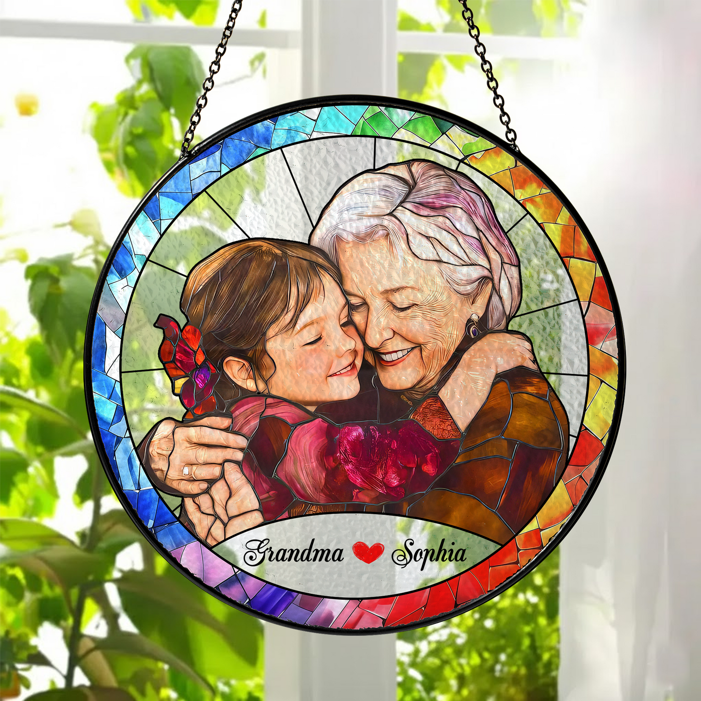 Personalized Grandma Photo Stained Glass Suncatcher – Custom Grandmother Portrait Window Hanging Gift
