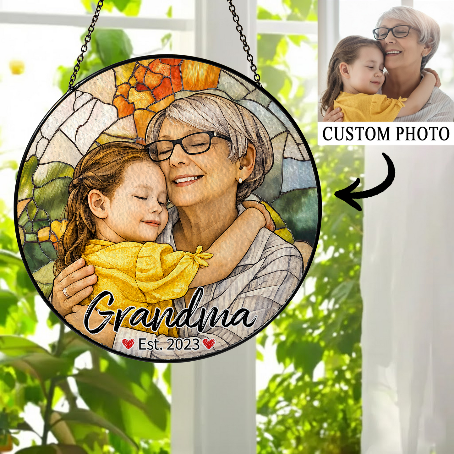 Personalized Grandma Photo Stained Glass Suncatcher – Custom Portrait Window Hanging Gift for Grandma