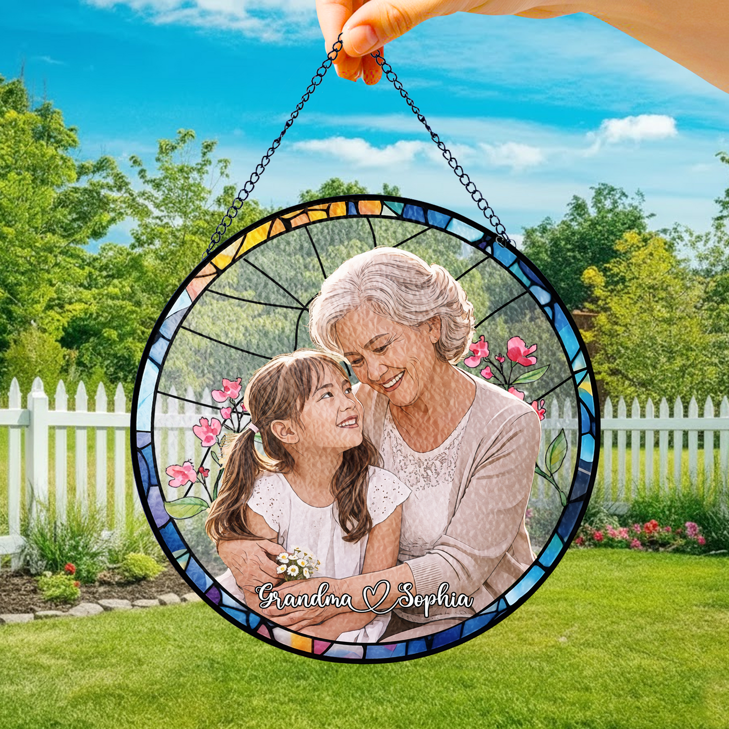 Personalized Grandma & Grandchild Photo Suncatcher – Custom Stained Glass Style Window Hanging Gift for Grandma