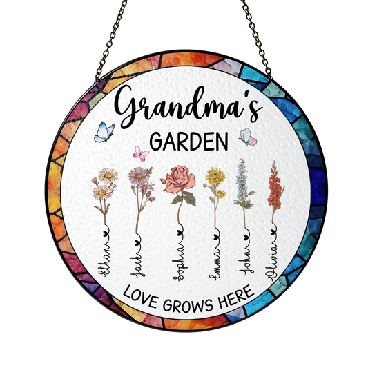 Personalized Grandma’s Garden Stained Glass Suncatcher – Custom Names Window Hanging Gift for Grandma