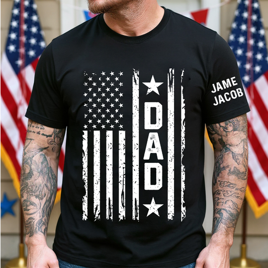 Personalized Papa Grandpa Dad and Grandkids Fathers Day Gift, American Flag Papa, USA 4th of July Family T-Shirt