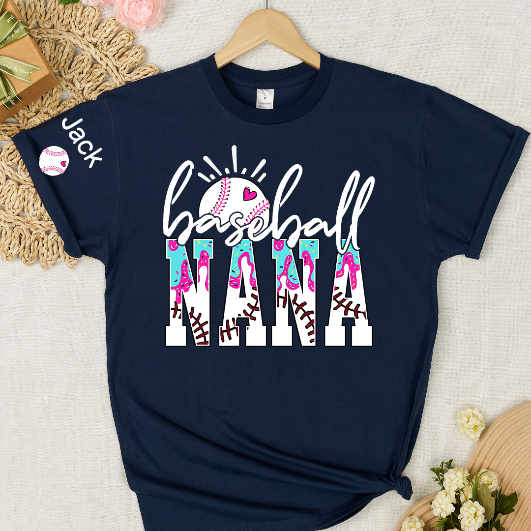 Personalized Baseball Grandma Gigi Mimi Drip Varsity Glitter and Grandkids T-shirt