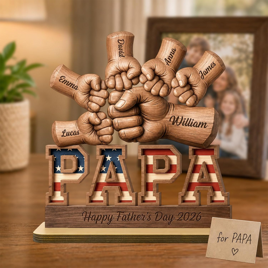 Personalized Fist Bump Dad and Kids Name Wooden Plaque, Custom Fathers Day Plaque for Dad Grandpa