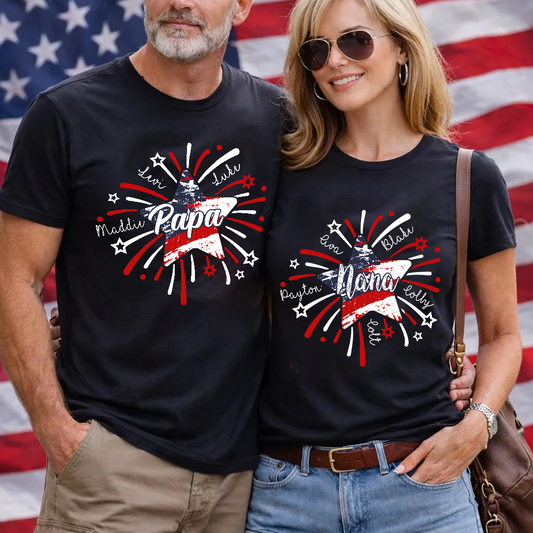 Personalized 4th of July Papa Shirt, Custom Grandpa And Grandkids Star Firework American Flag