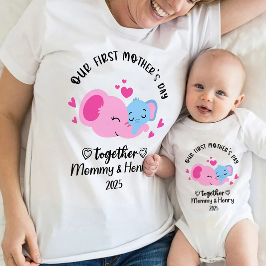 Personalized Our First Mother's Day Baby Onesie with Name Elephant Cute Gift for Newborn