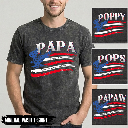 Personalized Papa and Grandkids with American Flag Eagle Mineral Wash T-Shirt