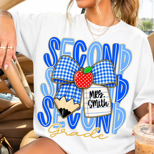 Preppy Back To School, Blue Gingham Pencil Bow, Custom Teacher Team, Pre-K To Fourth Grade Team