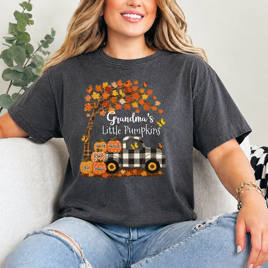 Custom Patchwork Grandma Pumpkin Shirt, Personalized Nana Mimi Tractor Fall Shirt with Kids Names
