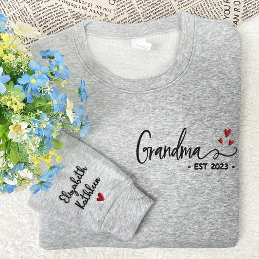 Godmerch Grandma Est And Grandkids Embroidered Sweatshirt CL01