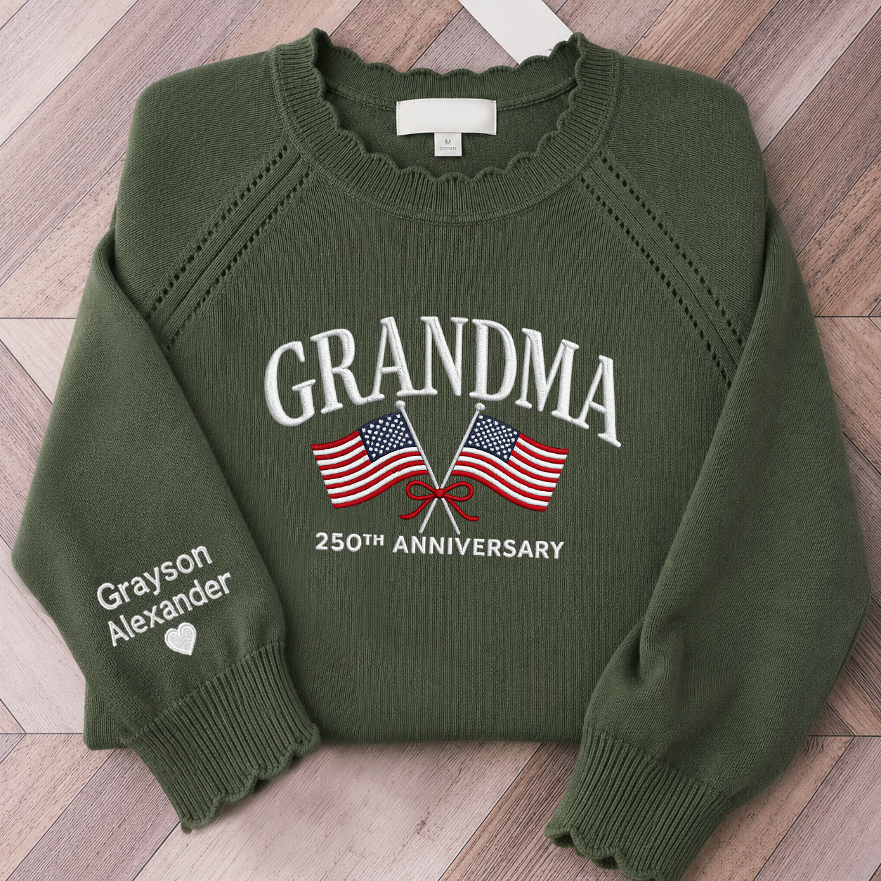 Custom Embroidered Grandma 250th Anniversary Knit Sweater, Personalized US Flag Crewneck, Custom Sleeve Names, Patriotic Grandma Gift