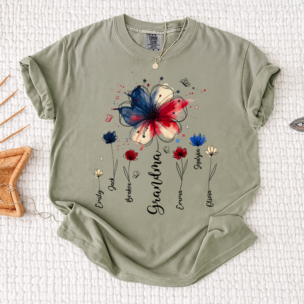 Personalized Grandma Wildflower Shirt, Custom Kids Names Floral Tee for Nana Mimi Gigi Grammy, Patriotic Flower Gift for Grandma Birthday Mothers Day Shirt