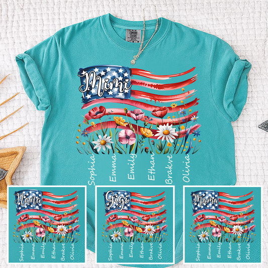 Comfort Colors® Personalized Floral & Patriotic T-Shirt, Custom Design for Mimi, Nana, Gigi, Mama, American Flag & Flower Graphic with Names, Gifts for Mother's Day, 4th of July, Birthday