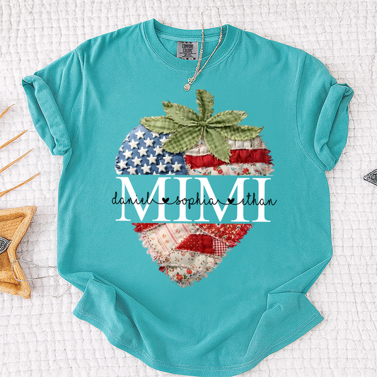 Comfort Colors Mimi Custom Family Tee, Faux Quilted Strawberry 4th of July Grandma T-Shirt, Patriotic American Flag Berry Graphic, Summer Gift for Grandma, Independence Day Shirt