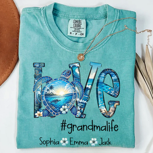 Comfort Colors® Personalized Love grandmalife Sea Turtle Shirt, Custom Family Names Gift for Grandma Shirt, Gift for Mimi Nana Gigi