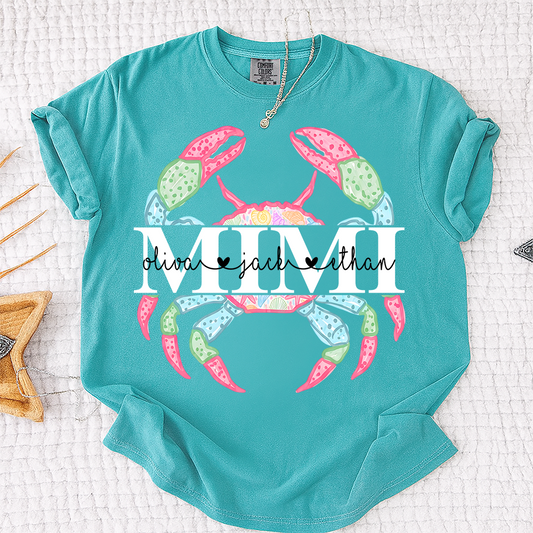 Comfort Colors Personalized Mimi Crab Shirt, Custom Grandkids Names Beach Shirt, Coastal Grandma Summer Shirt, Ocean Lover Gift for Grandma