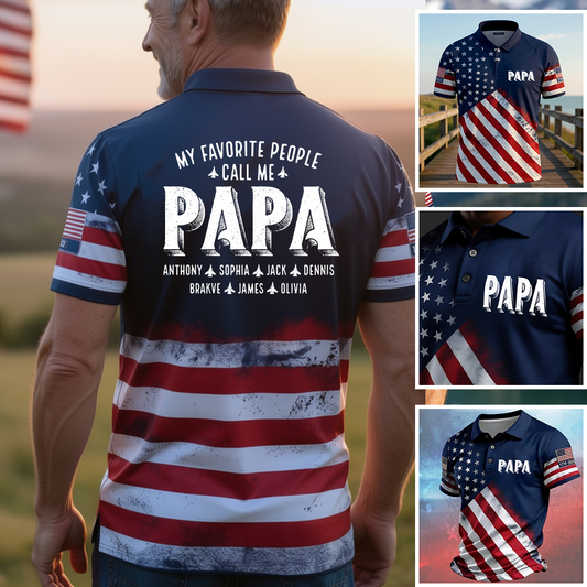 My Favorite People Call me Papa Custom Name American Flag 1776–2026 Patriotic USA 250th Anniversary Polo