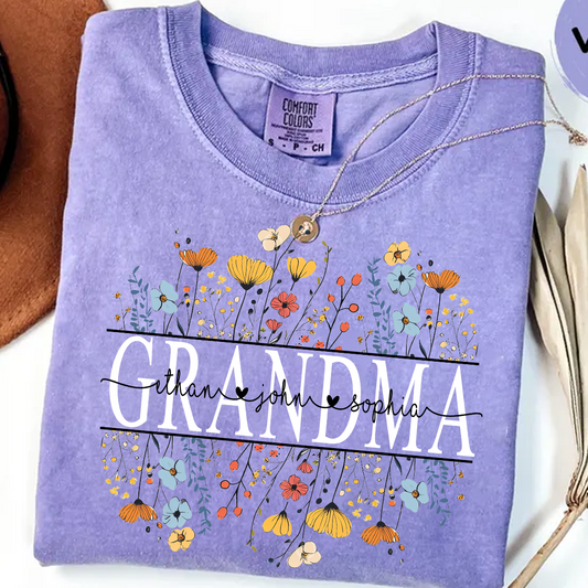 Comfort Colors® Floral Love for Grandma And Grandkids Shirt – Personalized Grandmother T-Shirt with Grandkids' Names – Cute Floral Grandma Gift for Grandma, Mother's Day, Birthday