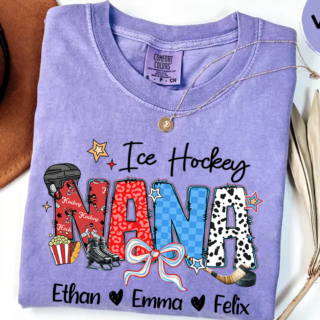 Comfort Colors® Ice Hockey Grandma T-Shirt, Custom Grandma With Grandkids Shirt