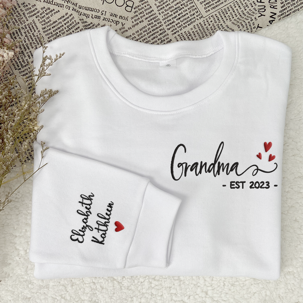 Godmerch Grandma Est And Grandkids Embroidered Sweatshirt CL01