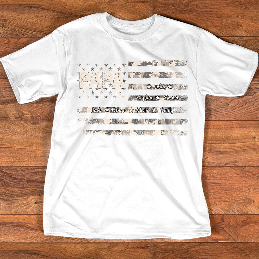 Personalized Papa American Flag Shirt with Kids Names, Custom Grandpa Patriotic Family Shirt, Vintage USA Flag Papa Grandpa Shirt for Fathers Day Birthday Gift