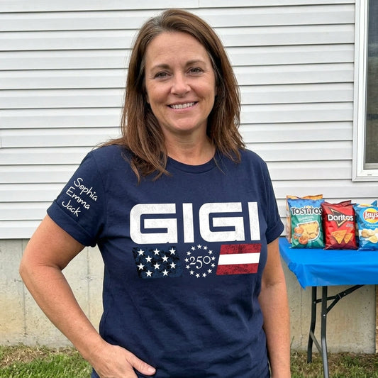 Personalized Grandma Gigi Mimi Nana Shirt Custom Kids Names Sleeve, U.S. 250th Anniversary Patriotic Flag 4th of July Family, Gift For Mother's Day Birthday