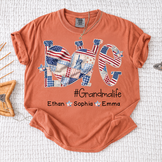 Grandma Patriotic Shirt, Love Grandmalife T-Shirt with Custom Names and Flag Design