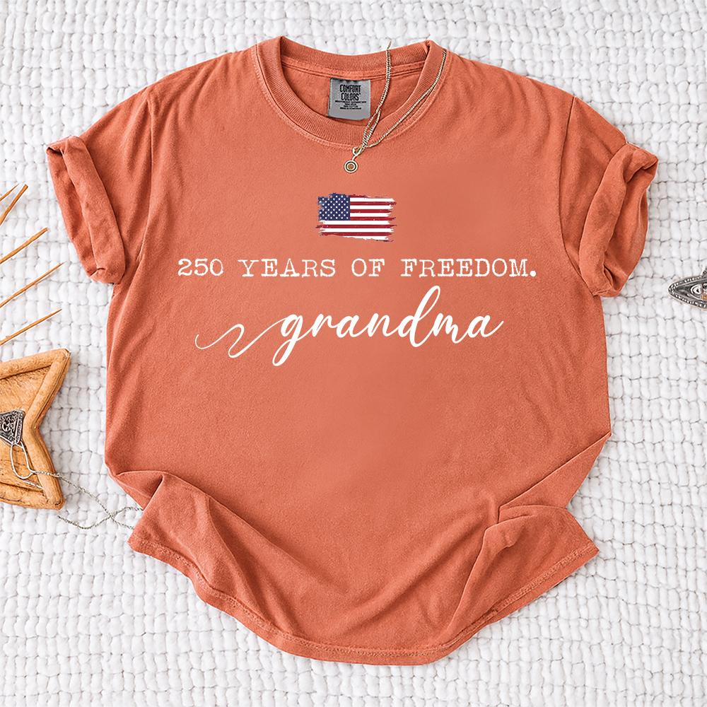 Comfort Colors® 250 Years of Freedom Personalized T-Shirt, Custom USA Flag Design for Grandma, Mama, Mimi, Gigi, Patriotic Family Shirt, Gifts for Independence Day, 4th of July
