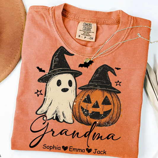 Comfort Colors® Grandma Floral Pumpkin, Ghost Pumpkin And Grandkids T-Shirt