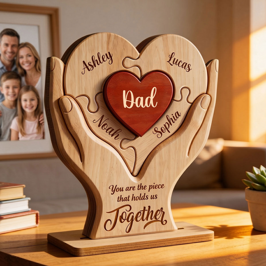 Personalized Wooden Puzzle Plaque for Dad – Custom Family Name Heart Sign, Father’s Day Gift from Kids 2-Layered Wooden Plaque