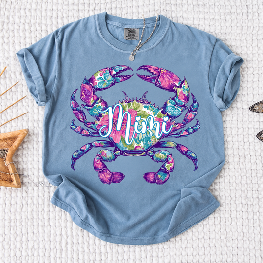 Comfort Colors® Personalized Mimi Crab Shirt, Colorful Floral Crab Graphic, Custom Grandma Beach Shirt, Coastal Summer Vacation Shirt, Ocean Lover Gift for Mimi Nana Gigi