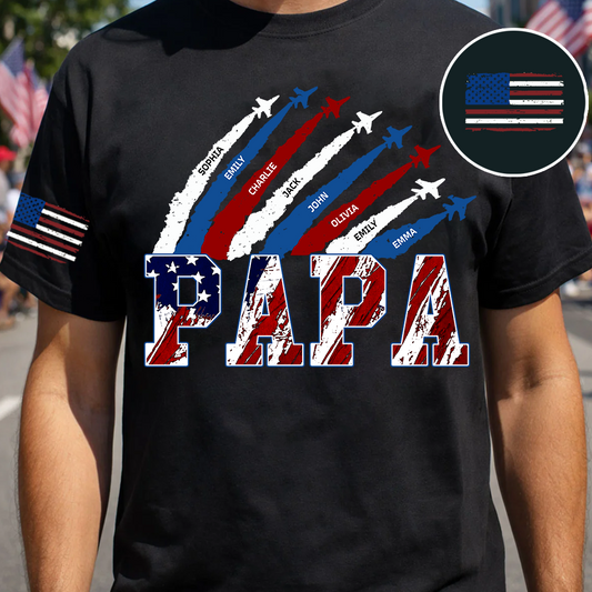 Personalized Papa Airplane Shirt, Custom Kids Names Patriotic T Shirt for Papa, 4th of July American Flag Family Gift