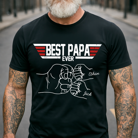 Best Papa Ever Shirt Personalized Kids Names, Custom Grandpa Fist Bump T Shirt for Dad Papa Grandfather, Fathers Day Family Gift