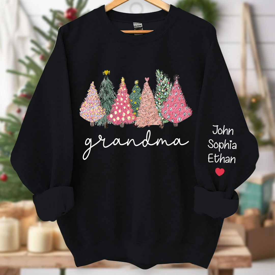 Grandma Christmas trees lights snow pink green cozy winter And Grandkids Names Sweatshirt