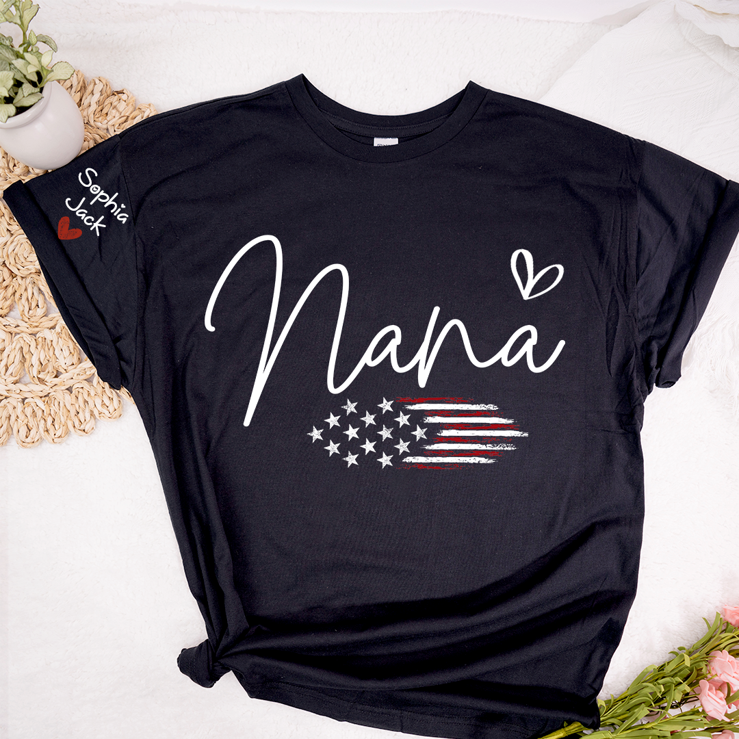Personalized Nana American Flag T-Shirt, Custom Design with Name, Patriotic Family Shirt for 4th of July, Gifts for Mother's Day, Birthday