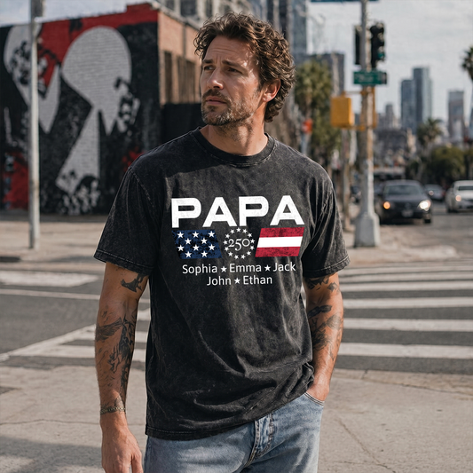 Mineral Wash Personalized Papa 250 Years Of Freedom -Shirt With Kids Names Sleeve, Patriotic Grandpa Family, U.S. 250th Anniversary 1776 2026 Gift For Fathers Day Birthday
