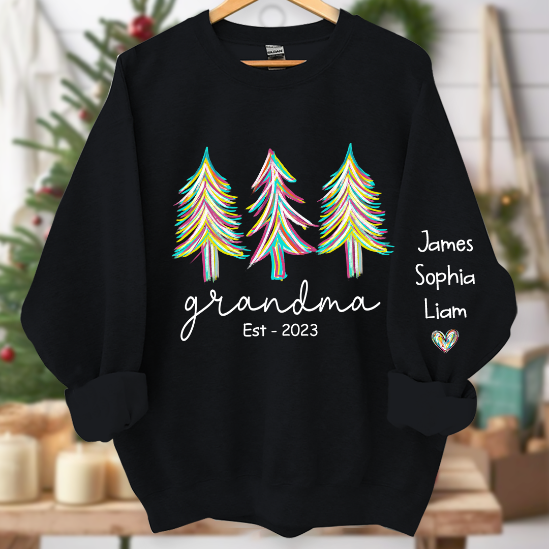 Grandma Est Christmas trees color paint And Grandkids Names Sweatshirt