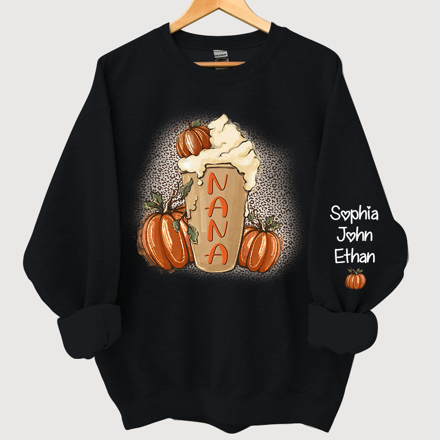 Personalized Nana Latte With Pumpkin Grandkids Fall Latte Coffie Sweatshirt