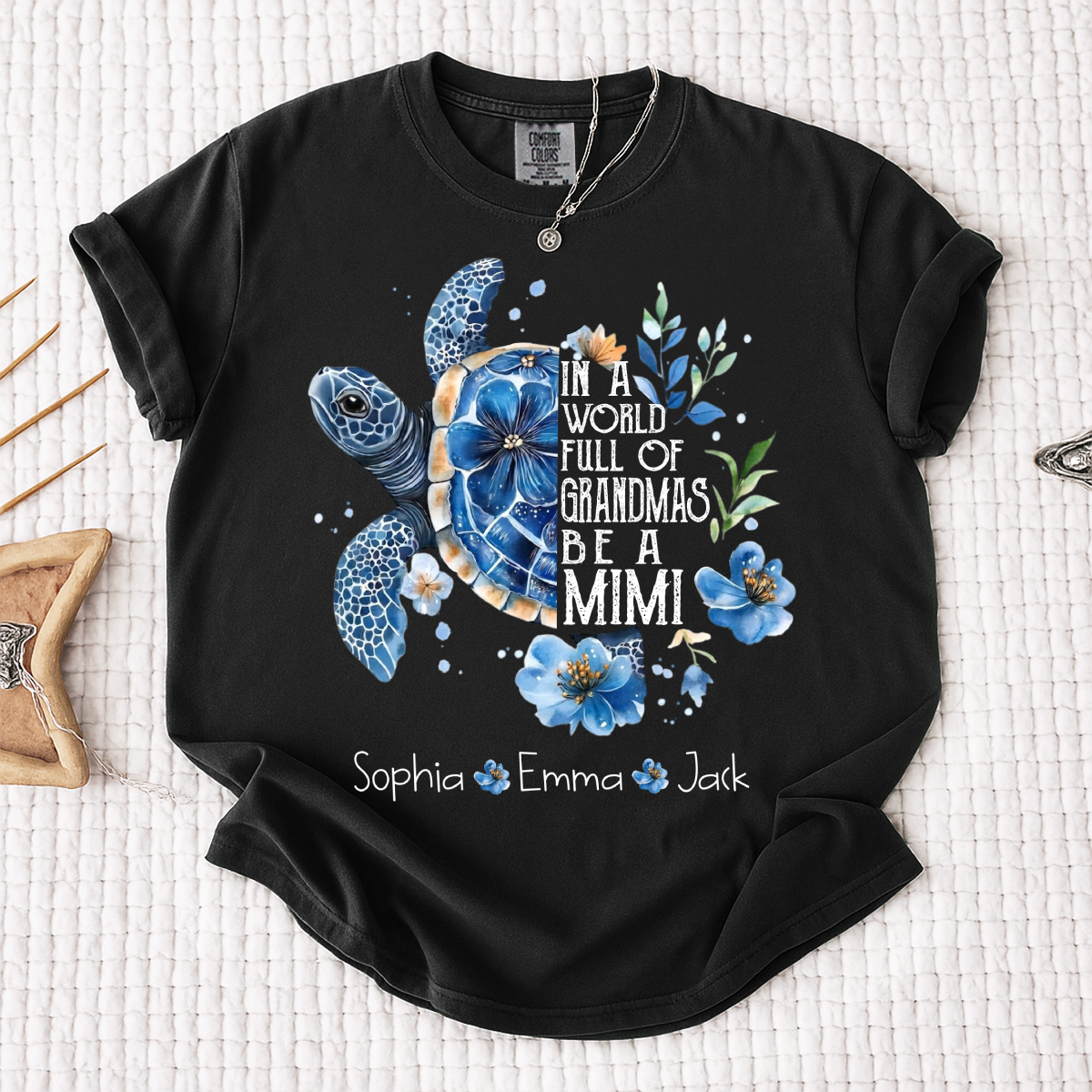 Comfort Colors® In A World Full Of Grandmas Be A Mimi Shirt, Sea Turtle Floral T-Shirt, Personalized Mimi Gift, Grandma Beach Tee