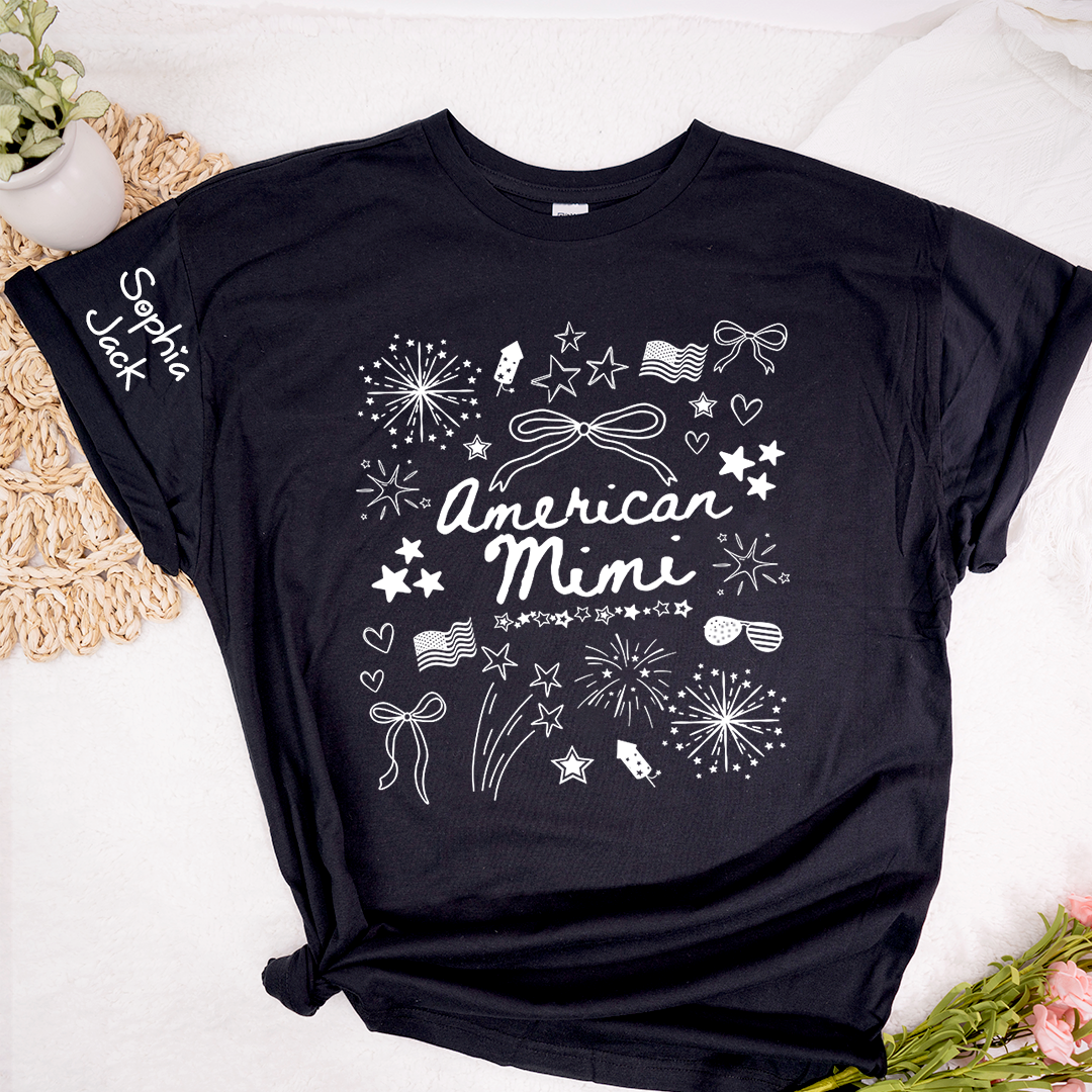 Personalized American Mimi T-Shirt Custom Family Nickname Shirt with Firework Design for 4th of July, Gifts for Mother's Day, Birthday