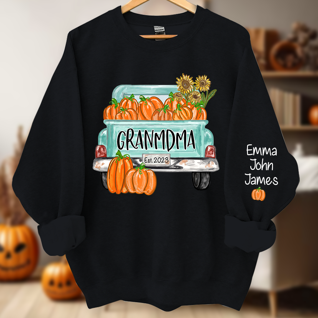 Grandma Truck with Pumpkins Flower Autumn And Grandkids Sweatshirt