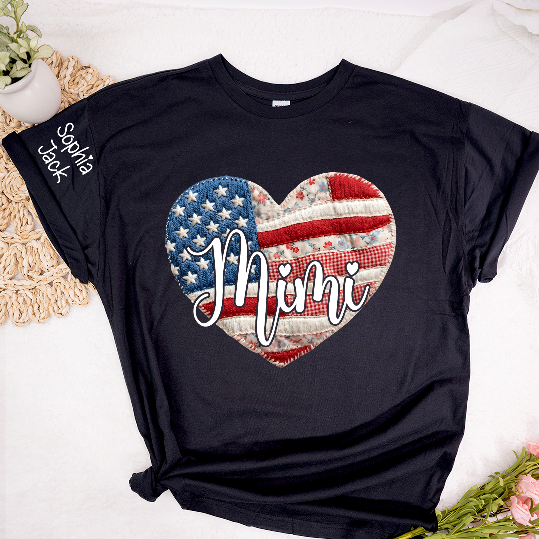 Custom Heart Flag T-Shirt, Personalized American Flag Design for Mimi, Gigi, Grandma, Nana, Patriotic Shirt for Mother's Day, Independence Day, and Birthday Gifts